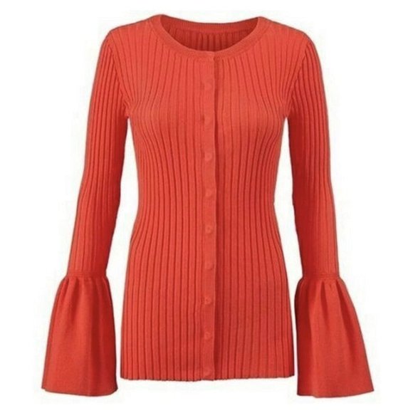 Cabi Trumpet Cardigan Medium Red Orange Sweater Bell Sleeves Snaps Ribbed 5285 - Picture 3 of 11